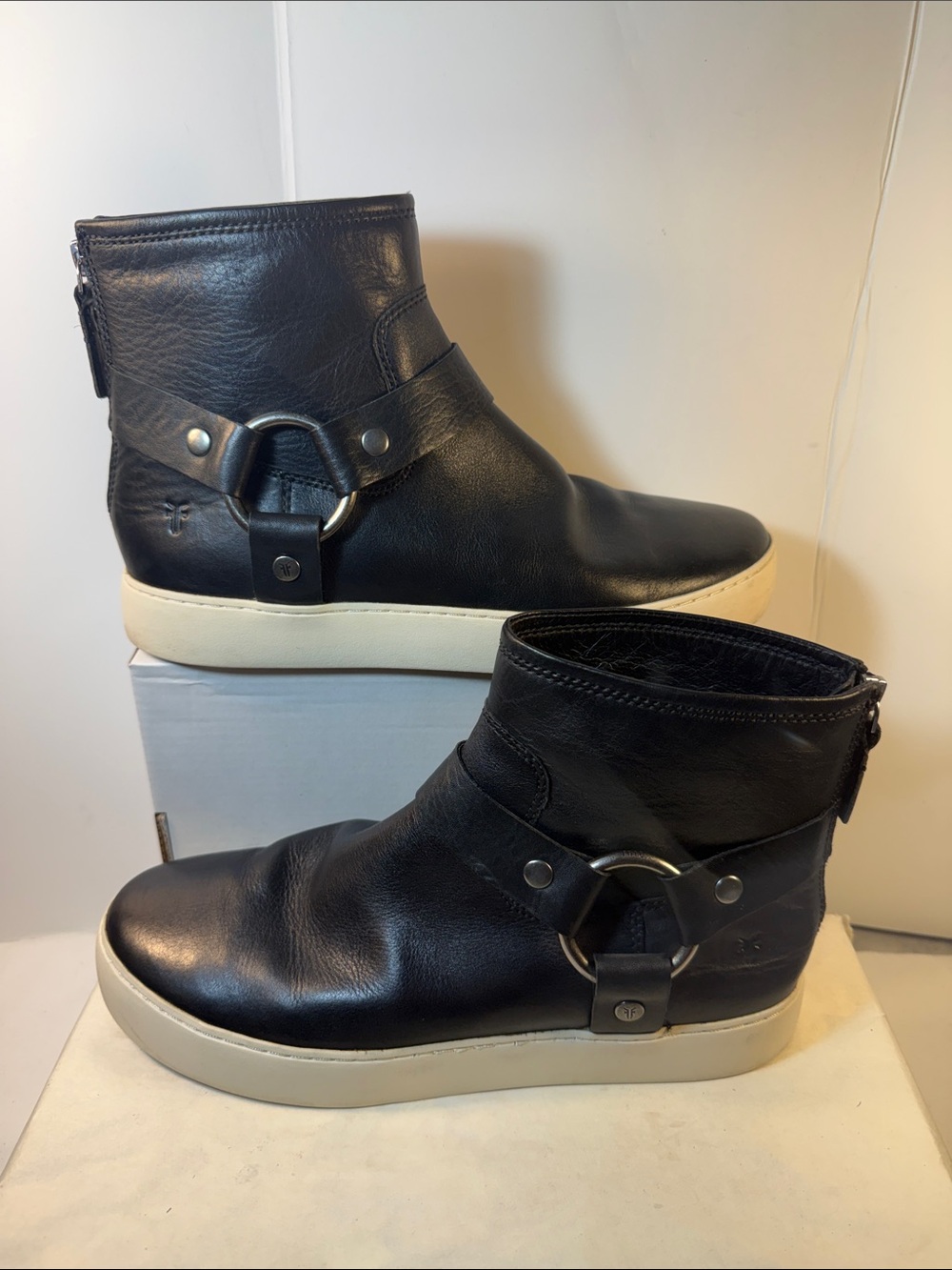 Frye Black Leather Ankle Booties with Silver Ring Strap